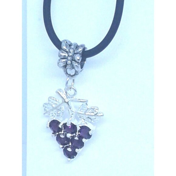 Necklace Purple Crystal Grape Cluster Leaves Vines 1" Long Chain Leather Cord - Picture 3 of 3